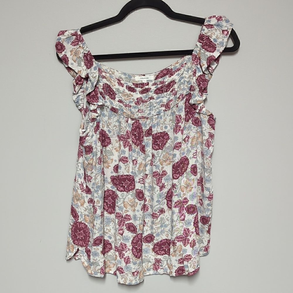 Maurices White and Burgundy Floral Ruffle Top